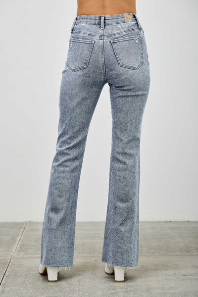 High Rise Kick Flare Jeans - Rhinestone Embellished Denim - Fashions Envy