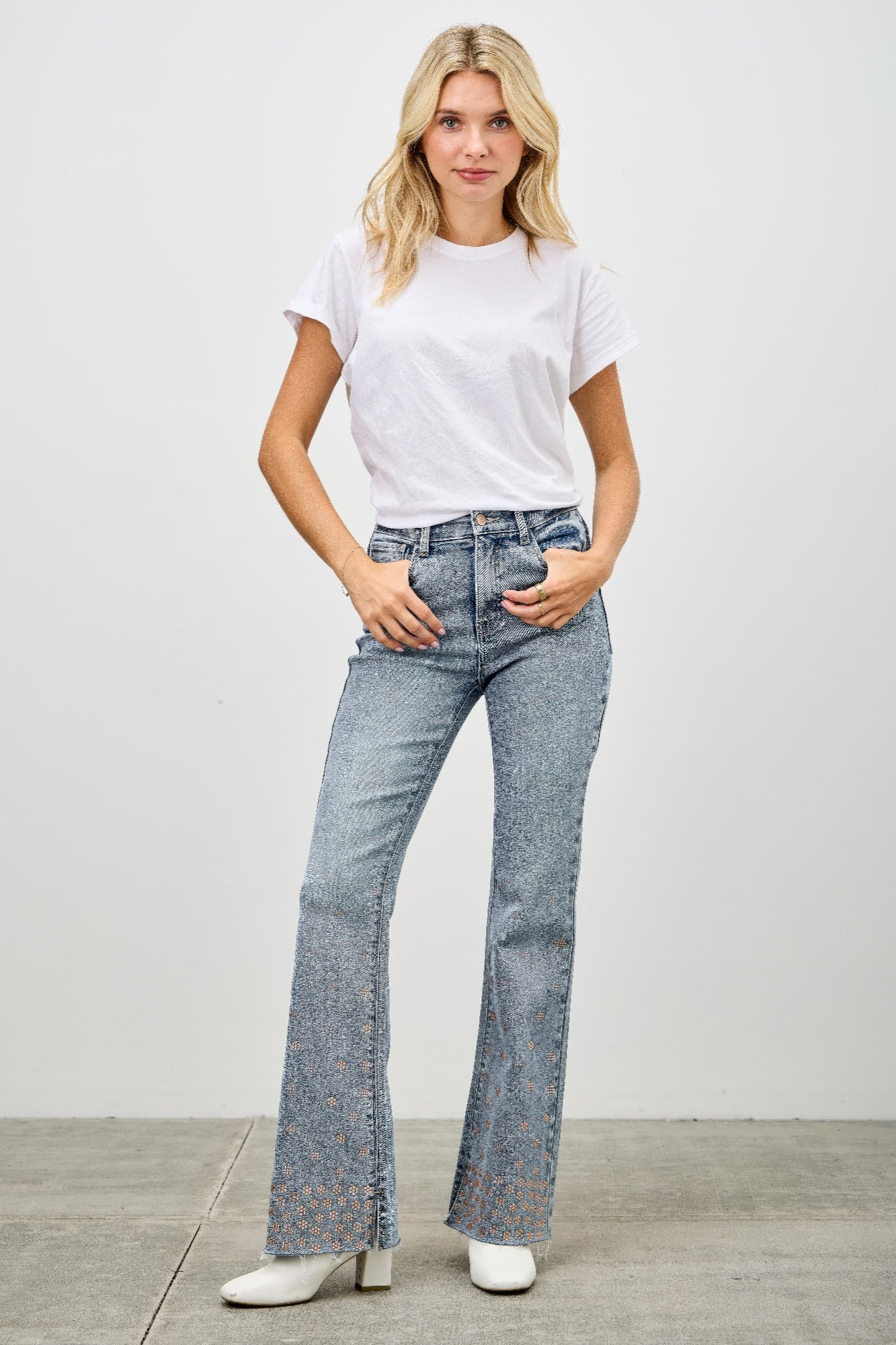 High Rise Kick Flare Jeans - Rhinestone Embellished Denim - Fashions Envy