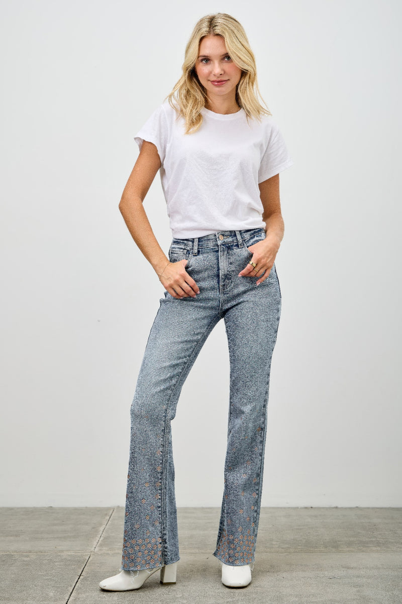 High Rise Kick Flare Jeans - Rhinestone Embellished Denim - Fashions Envy