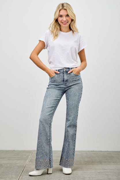 High Rise Kick Flare Jeans - Rhinestone Embellished Denim - Fashions Envy