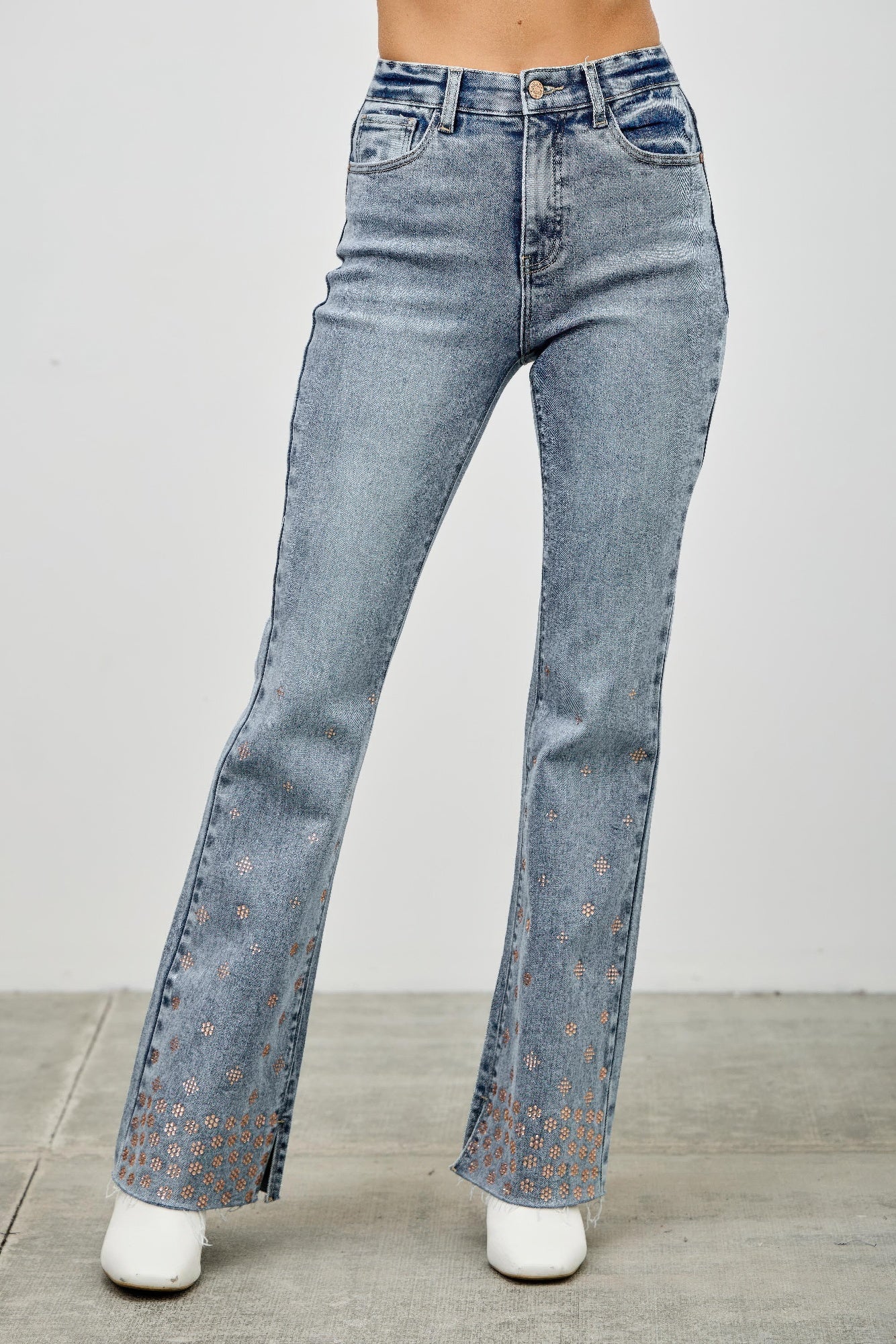 High Rise Kick Flare Jeans - Rhinestone Embellished Denim - Fashions Envy
