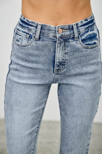 High Rise Kick Flare Jeans - Rhinestone Embellished Denim - Fashions Envy