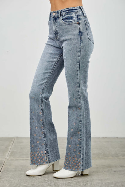 High Rise Kick Flare Jeans - Rhinestone Embellished Denim - Fashions Envy