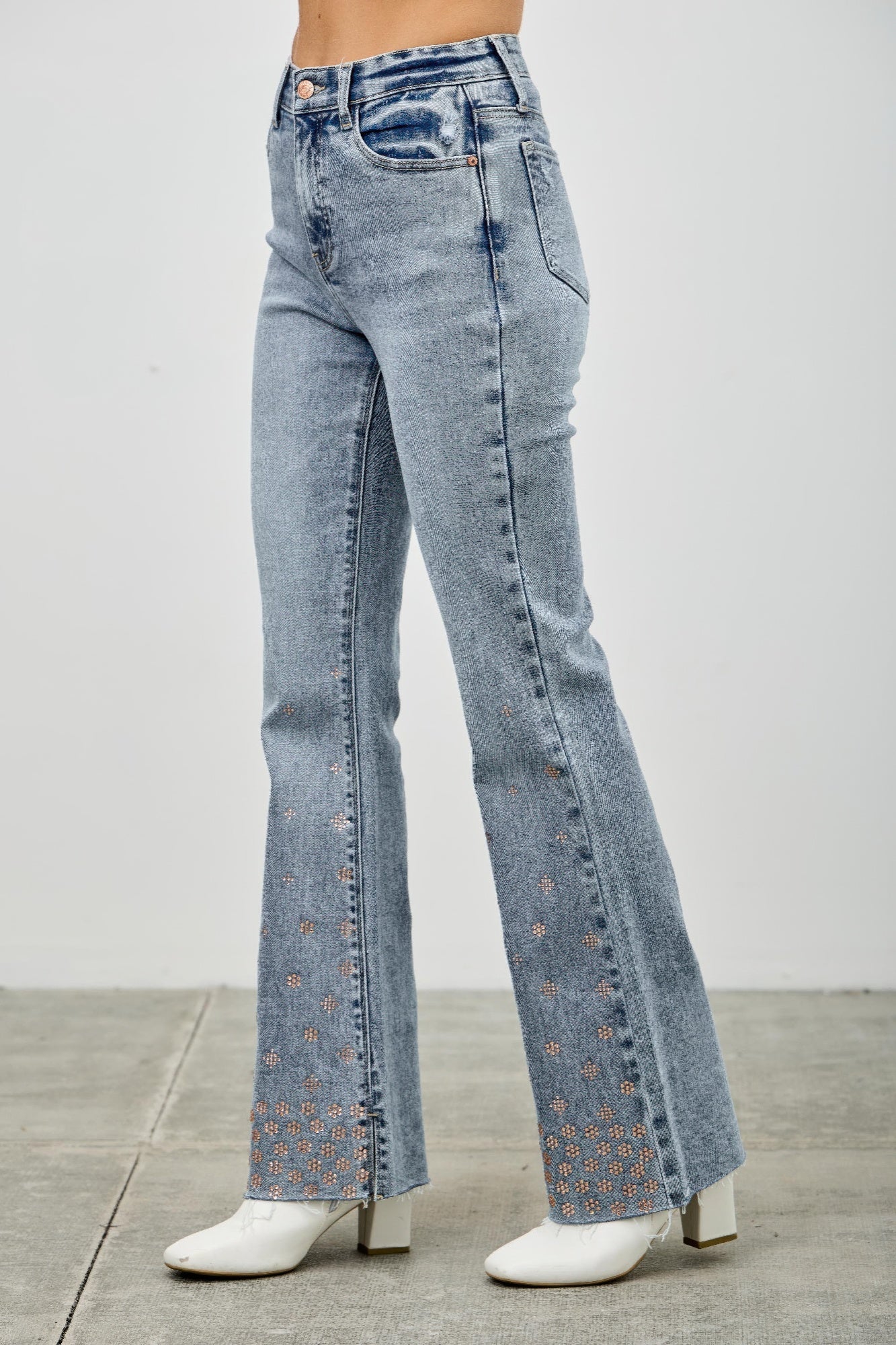 High Rise Kick Flare Jeans - Rhinestone Embellished Denim - Fashions Envy