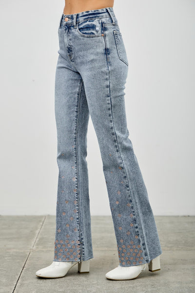 High Rise Kick Flare Jeans - Rhinestone Embellished Denim - Fashions Envy