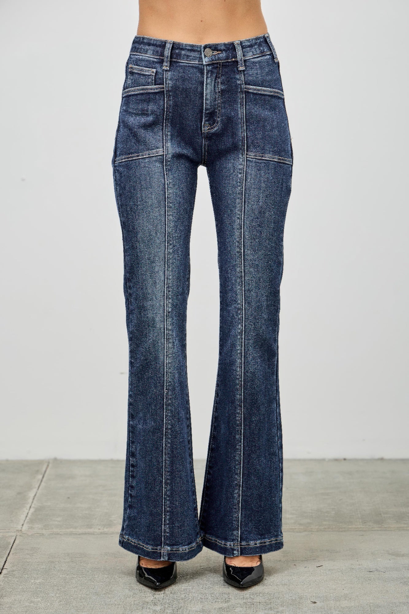 High Rise Boot Cut Jeans - Seam Detail Stretch Denim - Fashions Envy