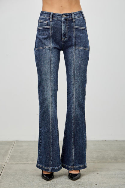 High Rise Boot Cut Jeans - Seam Detail Stretch Denim - Fashions Envy