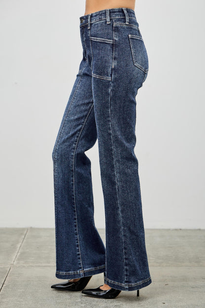 High Rise Boot Cut Jeans - Seam Detail Stretch Denim - Fashions Envy