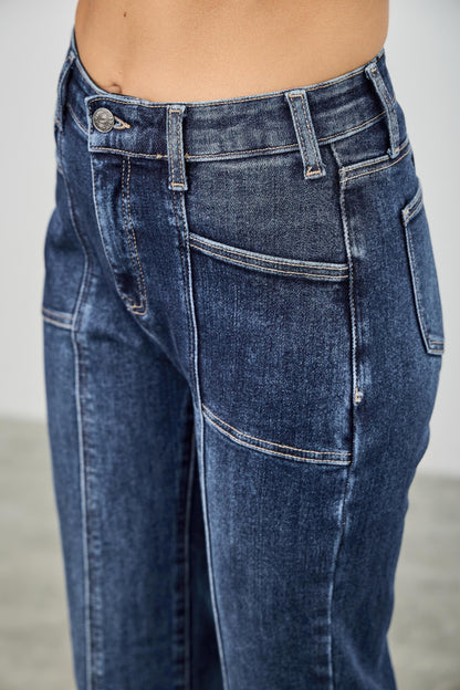 High Rise Boot Cut Jeans - Seam Detail Stretch Denim - Fashions Envy
