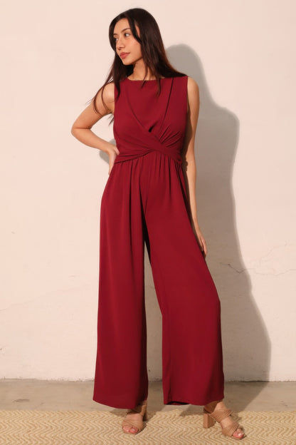 Wide Leg Jumpsuit - Textured Twist Front Dressy Jumpsuit