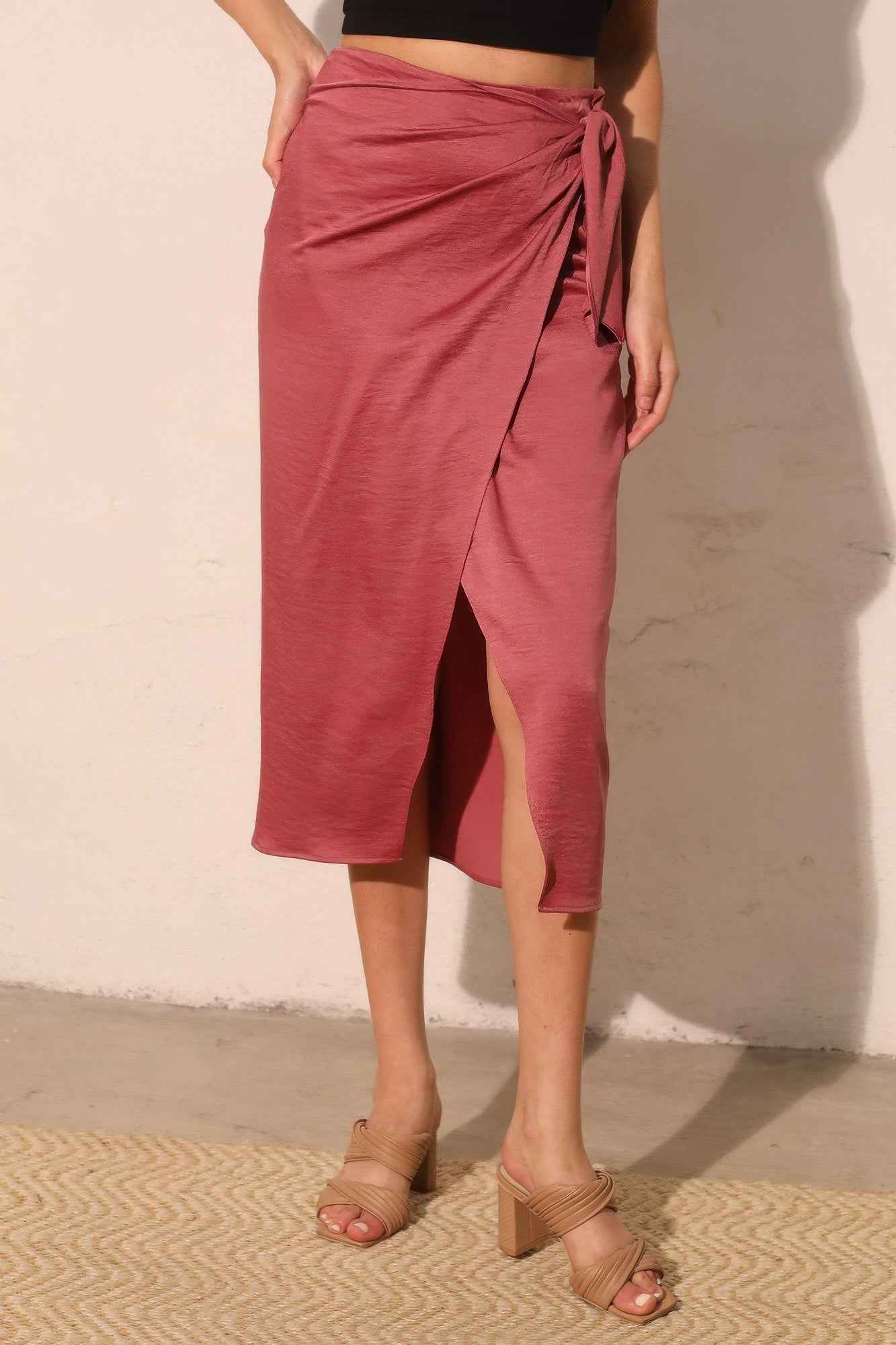 Washed Satin Crepe Side Wrap Midi Skirt