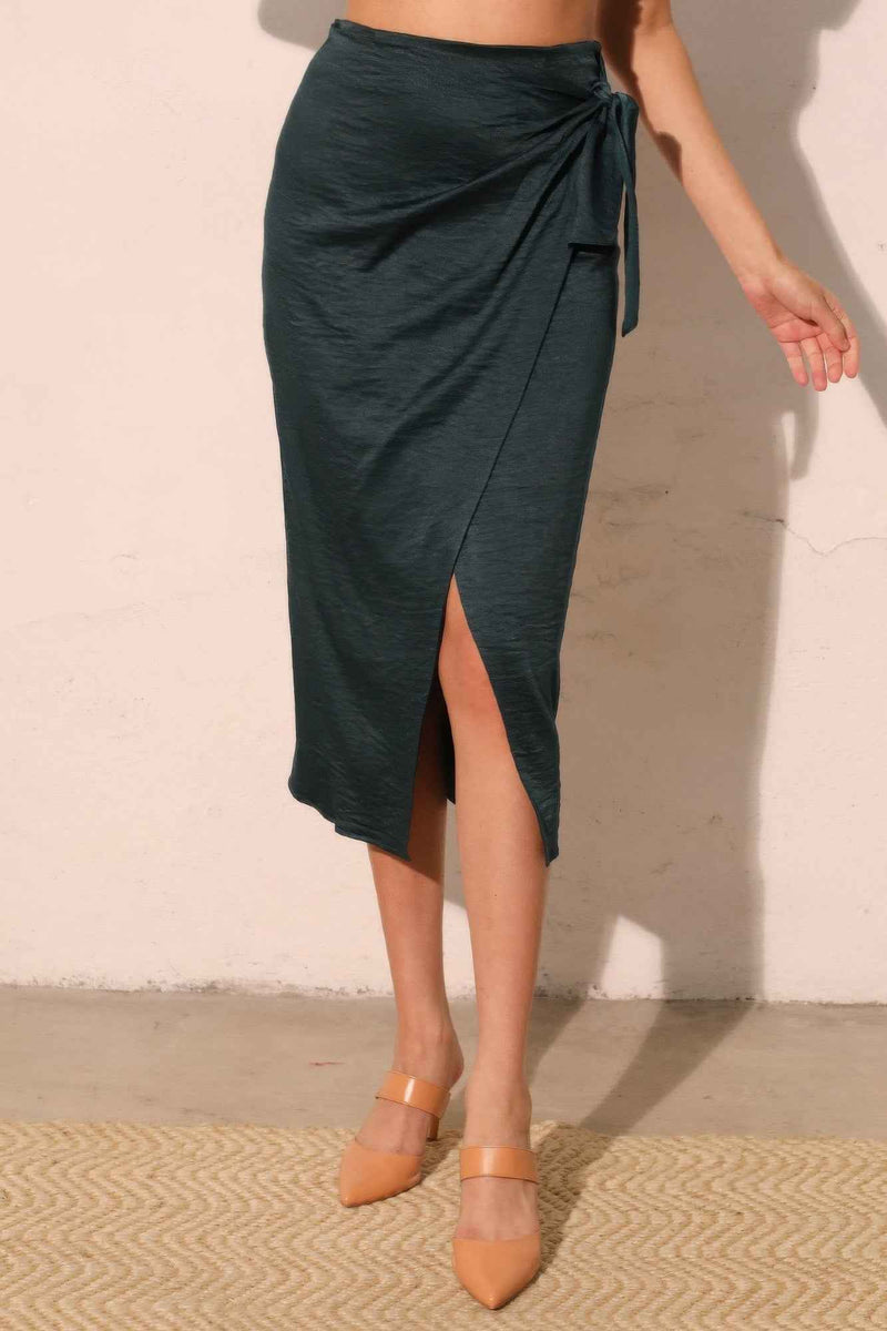 Washed Satin Crepe Side Wrap Midi Skirt
