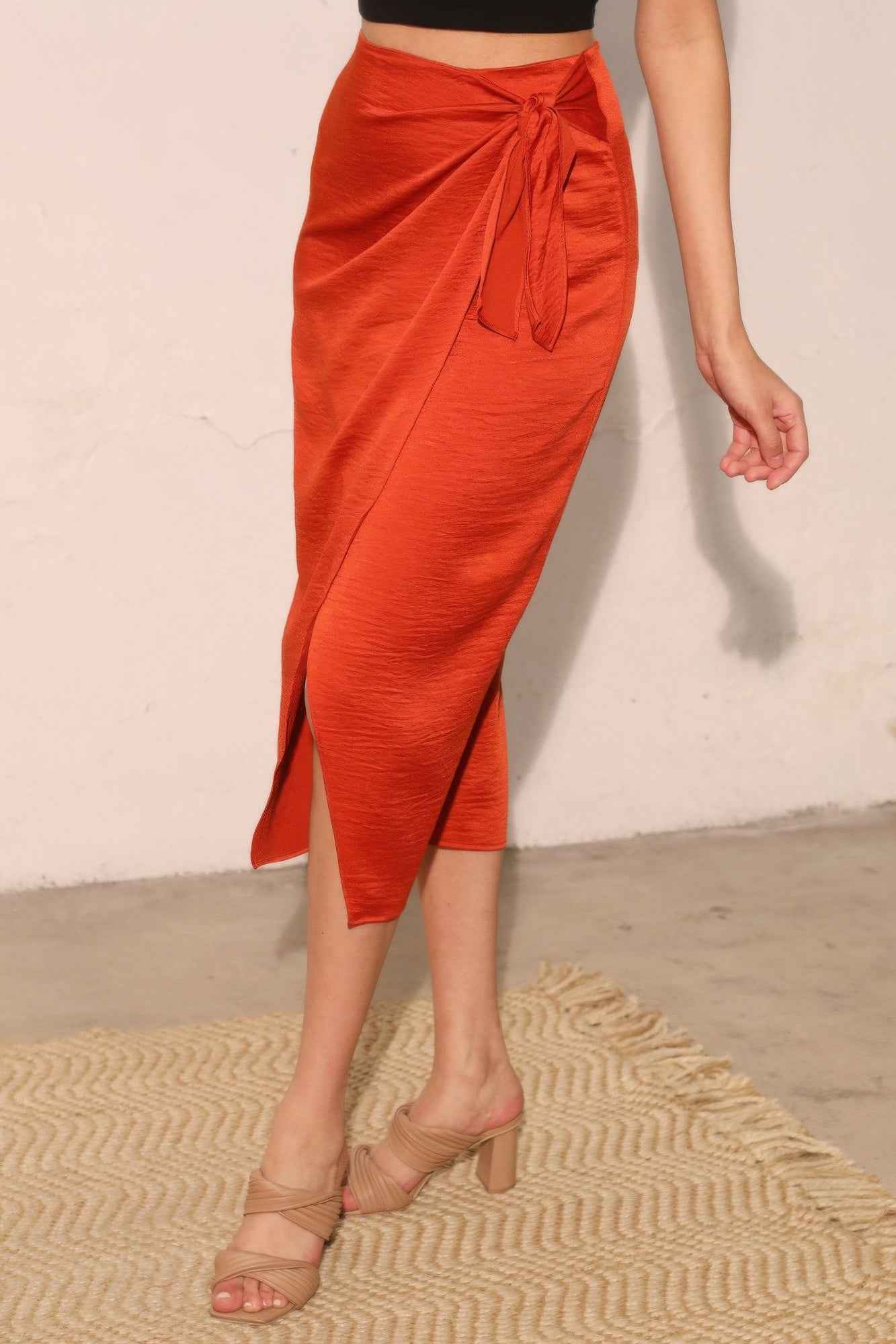 Washed Satin Crepe Side Wrap Midi Skirt
