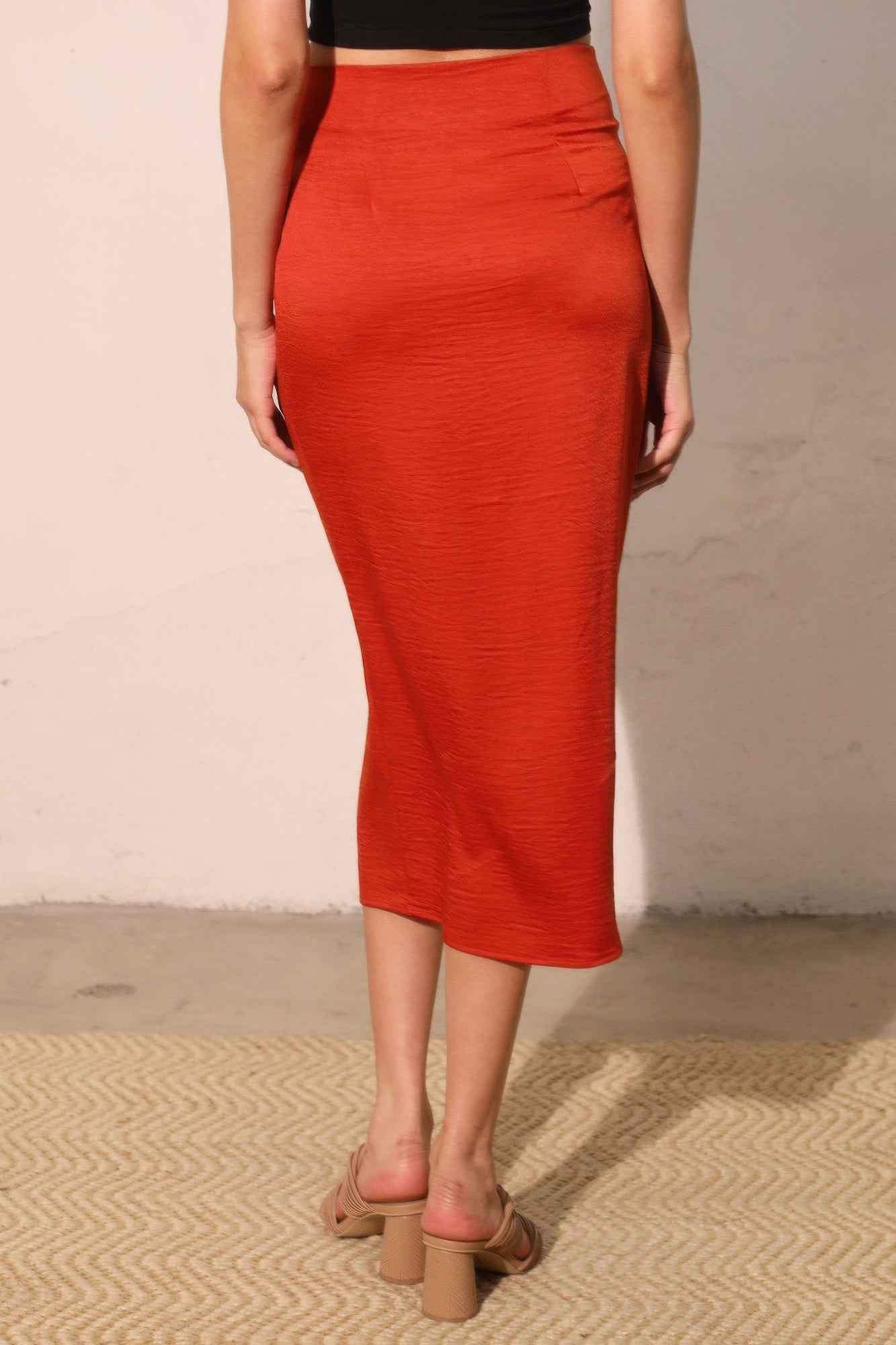 Washed Satin Crepe Side Wrap Midi Skirt