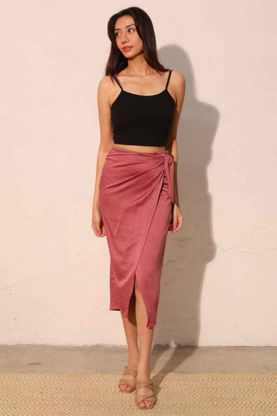 Washed Satin Crepe Side Wrap Midi Skirt