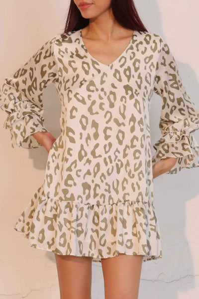 Simple Leopard Dress With Ruffle Cuff