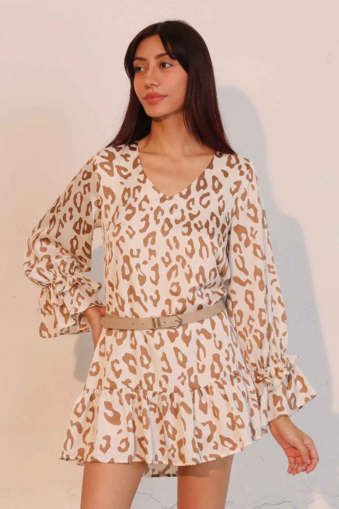 Simple Leopard Dress With Ruffle Cuff