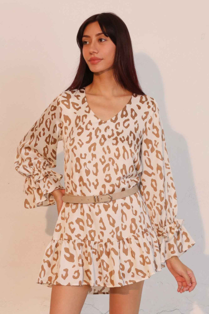 Simple Leopard Dress With Ruffle Cuff