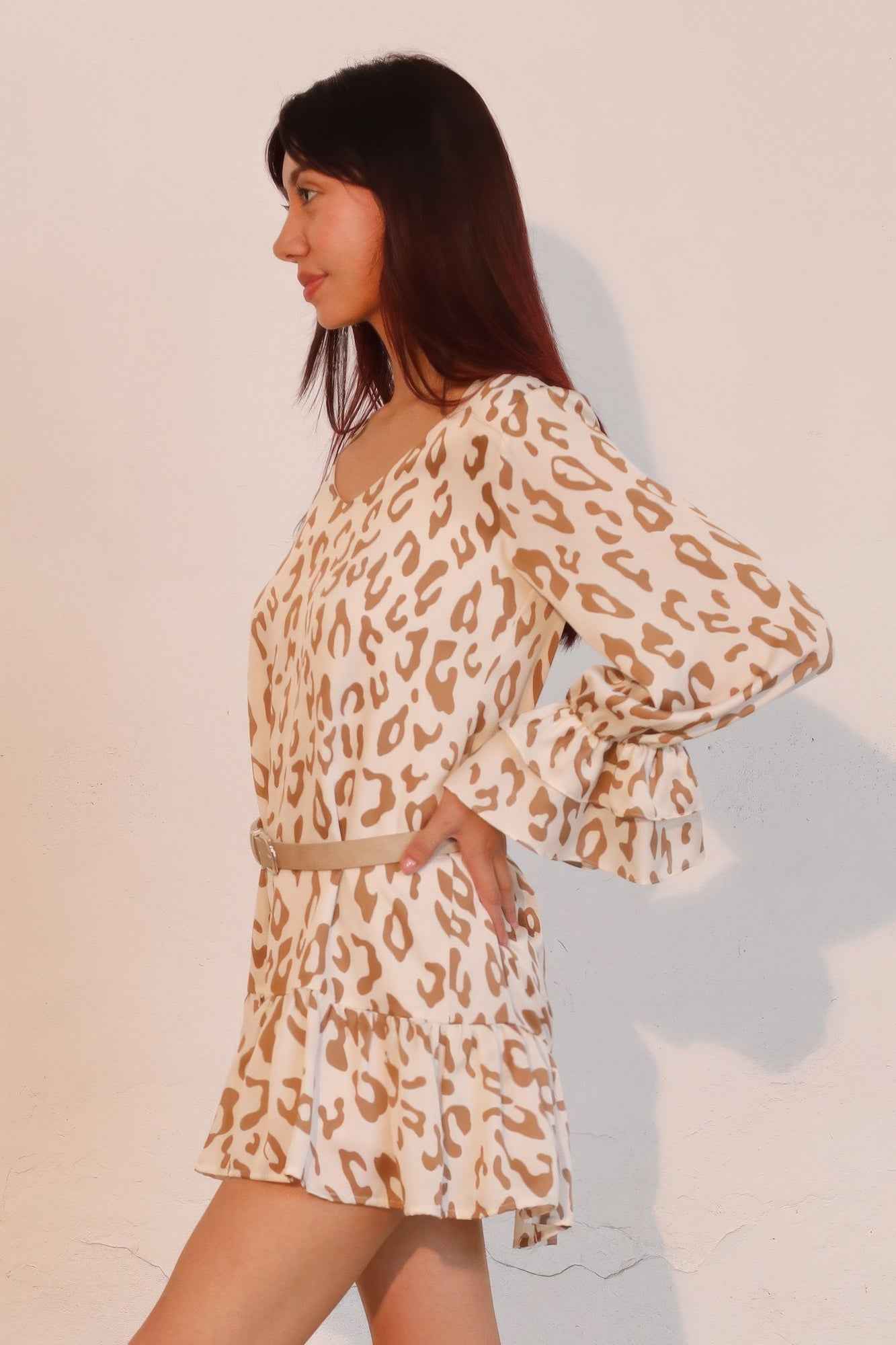 Simple Leopard Dress With Ruffle Cuff