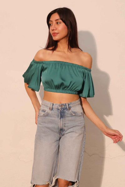Washed Poly Silk Bubble Sleeve Crop Top