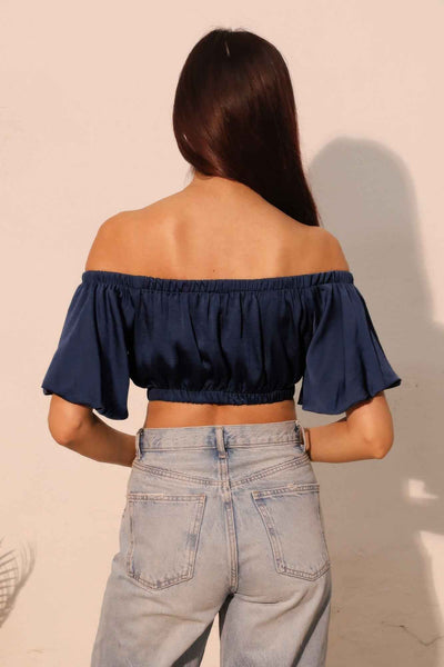 Washed Poly Silk Bubble Sleeve Crop Top