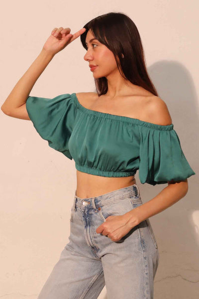 Washed Poly Silk Bubble Sleeve Crop Top