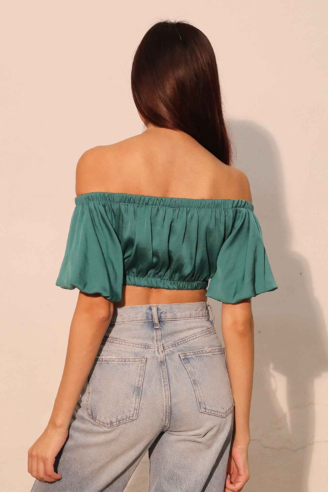Washed Poly Silk Bubble Sleeve Crop Top