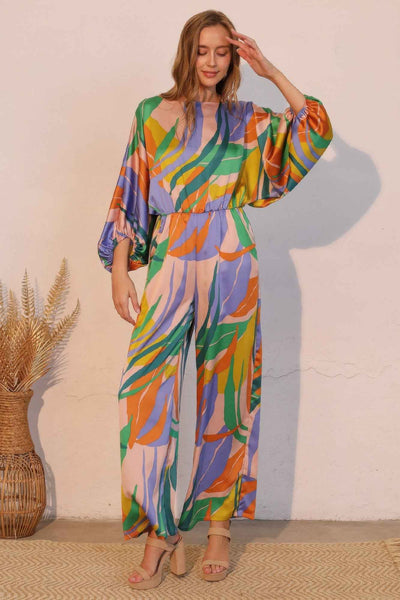 Isla Tropical Satin Boat Neck Blouson Jumpsuit