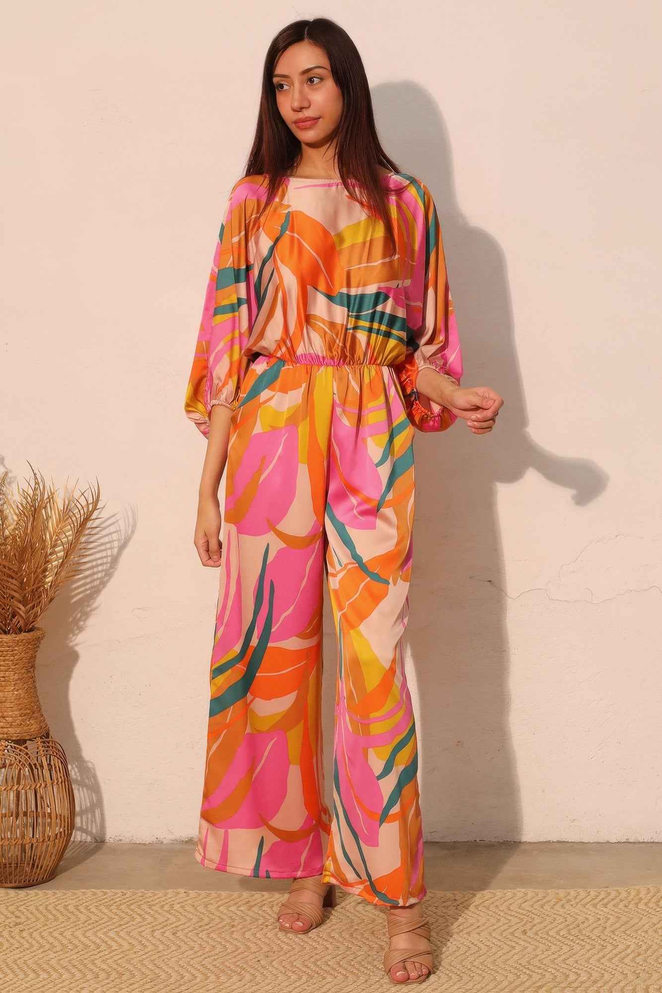 Isla Tropical Satin Boat Neck Blouson Jumpsuit