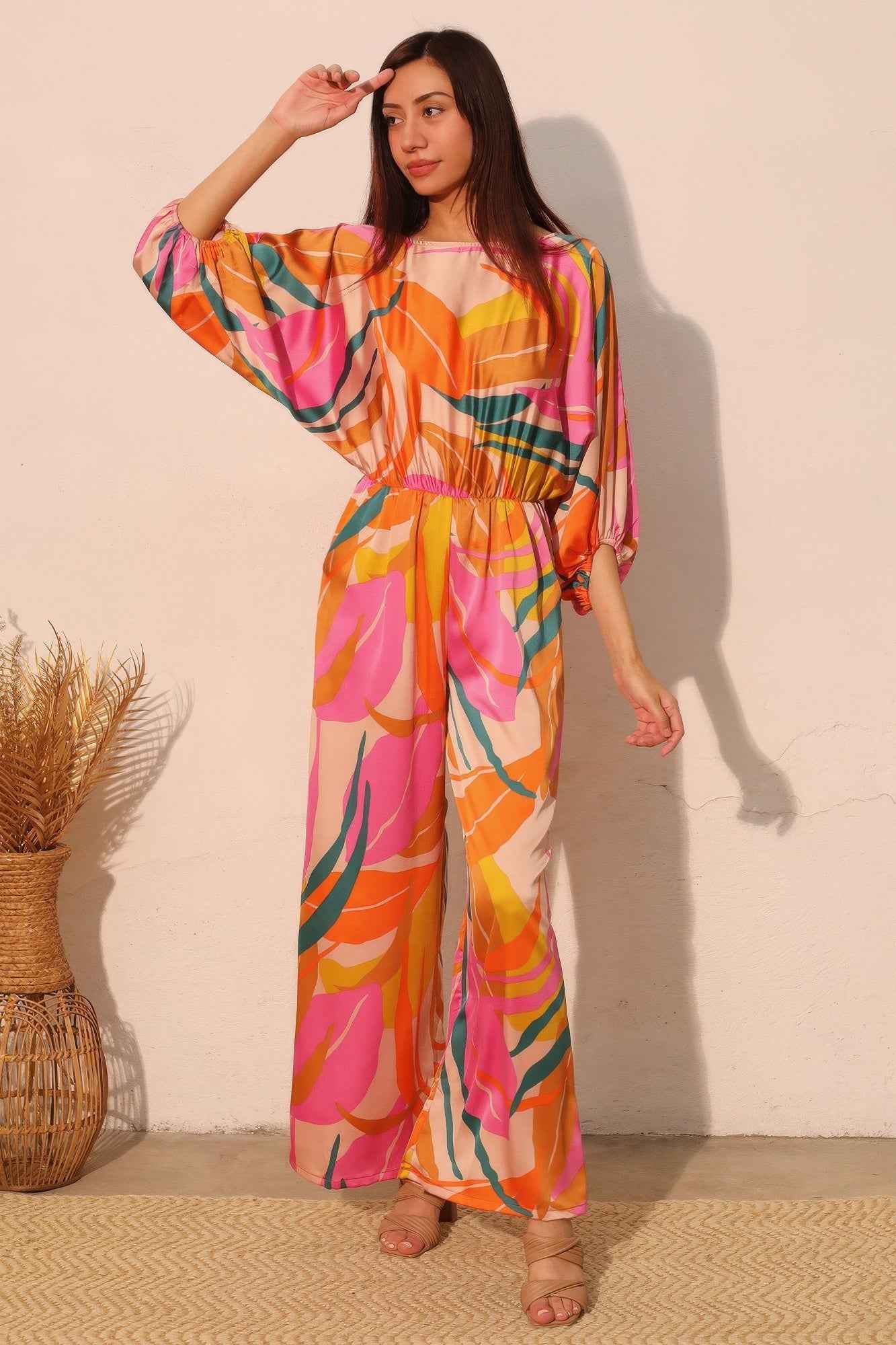 Isla Tropical Satin Boat Neck Blouson Jumpsuit