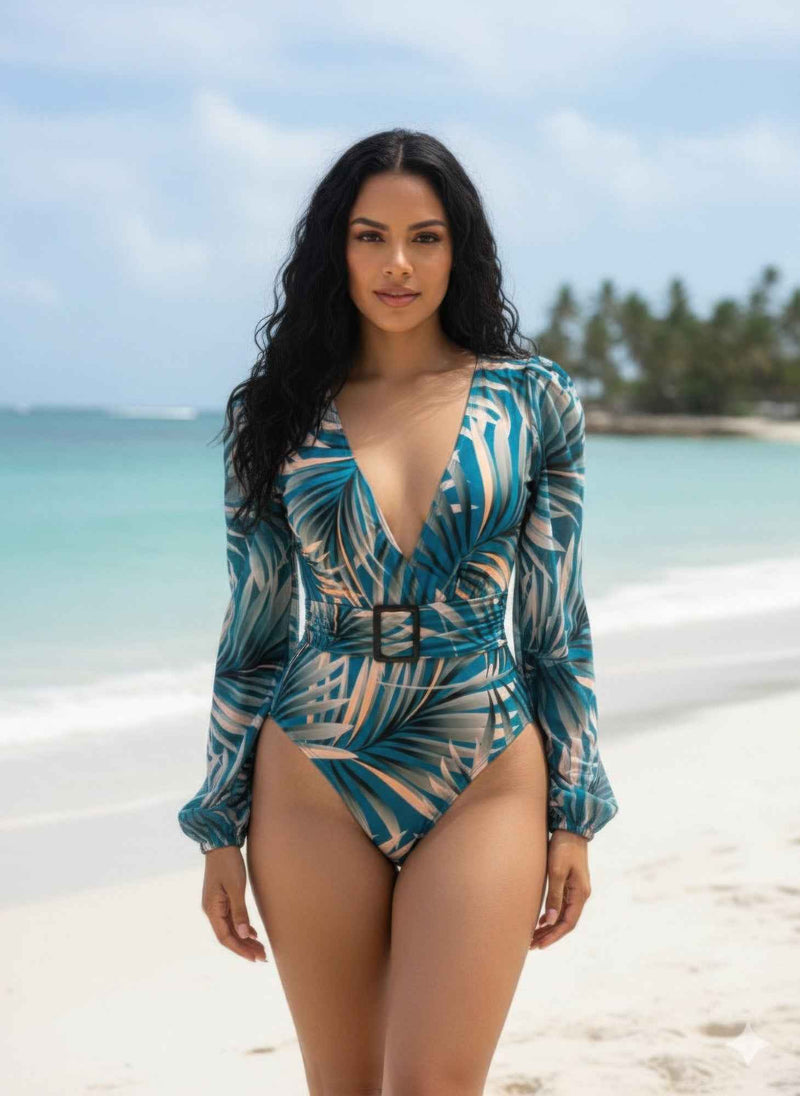 Long Sleeve One Piece Swimsuit - Open Back Tropical