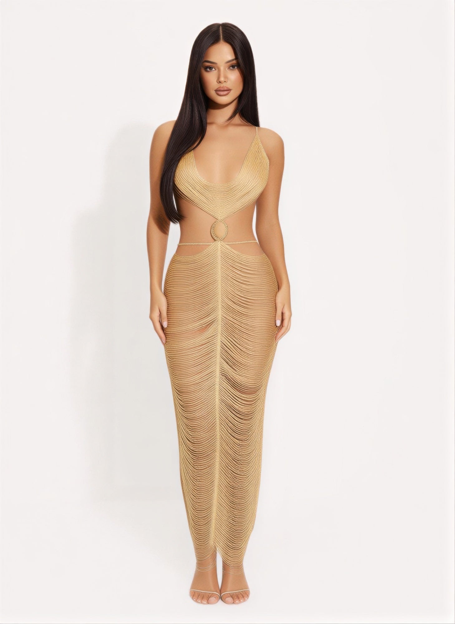 Gold Metallic Maxi Dress - Cut Open Back - Fashions Envy