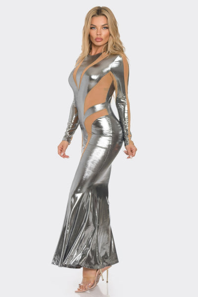 Silver Maxi Dress - Mesh Cut Out Detail - Fashions Envy