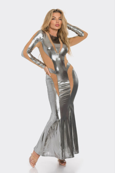 Silver Maxi Dress - Mesh Cut Out Detail - Fashions Envy