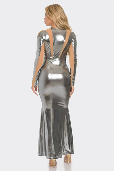 Silver Maxi Dress - Mesh Cut Out Detail - Fashions Envy