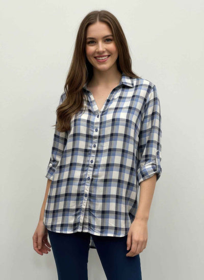 Plaid Button Down Blouse - Roll Tab Sleeve Collared