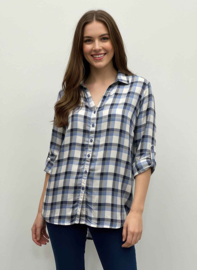 Plaid Button Down Blouse - Roll Tab Sleeve Collared
