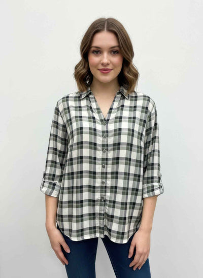Plaid Button Down Blouse - Roll Tab Sleeve Collared