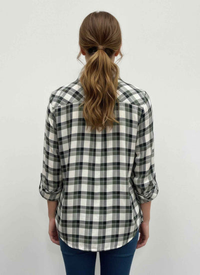 Plaid Button Down Blouse - Roll Tab Sleeve Collared