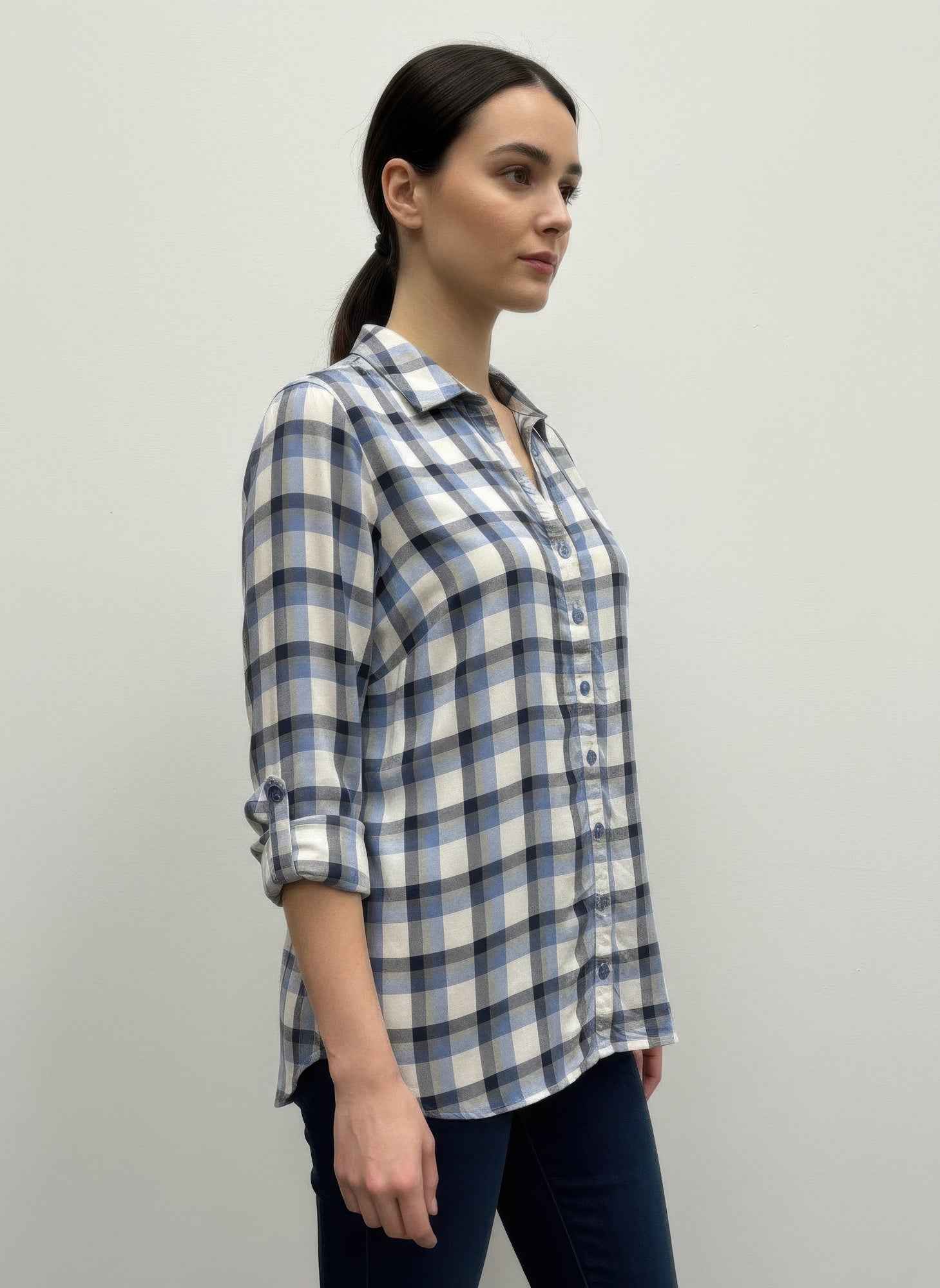 Plaid Button Down Blouse - Roll Tab Sleeve Collared