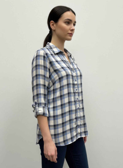 Plaid Button Down Blouse - Roll Tab Sleeve Collared