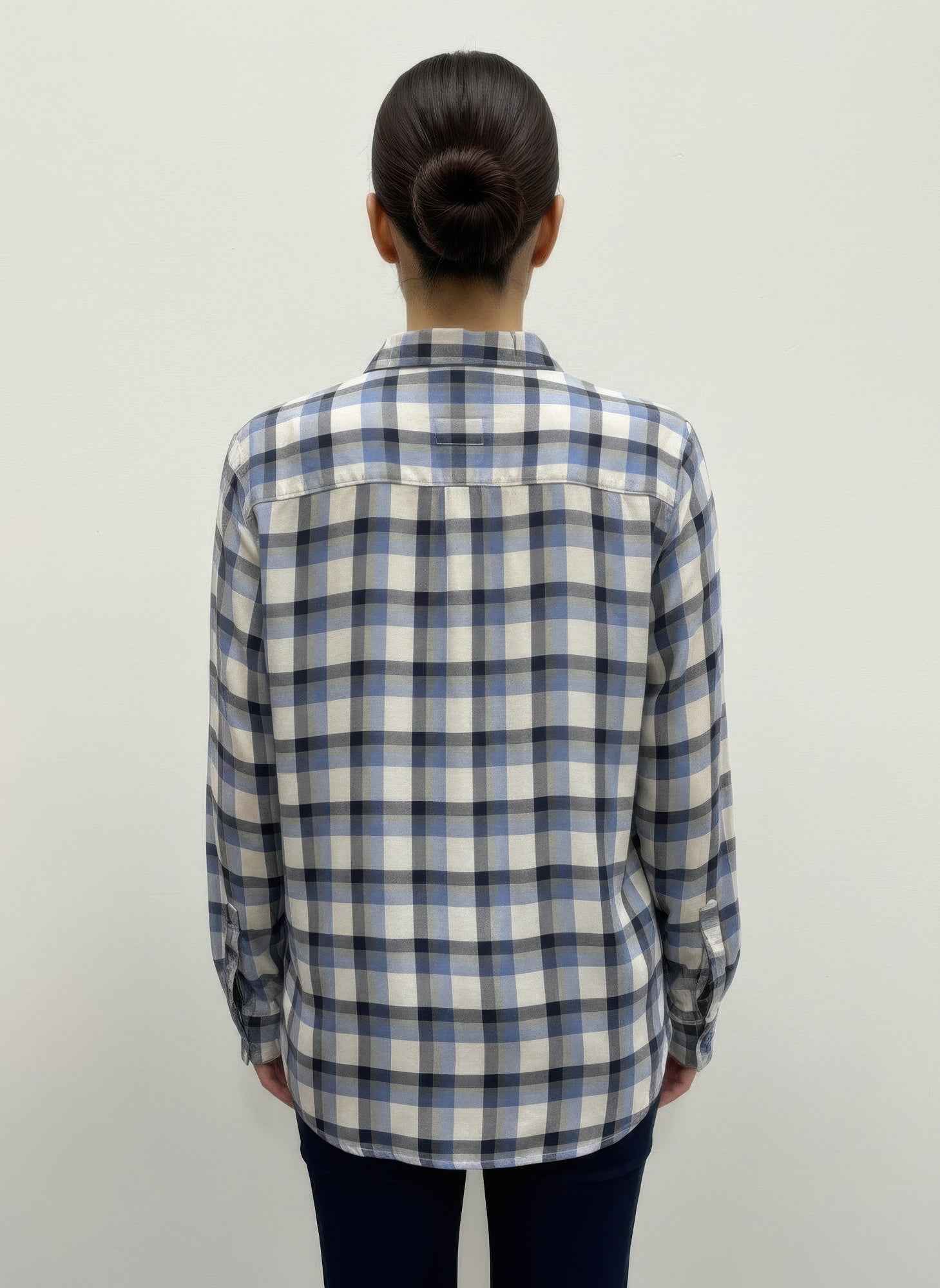 Plaid Button Down Blouse - Roll Tab Sleeve Collared