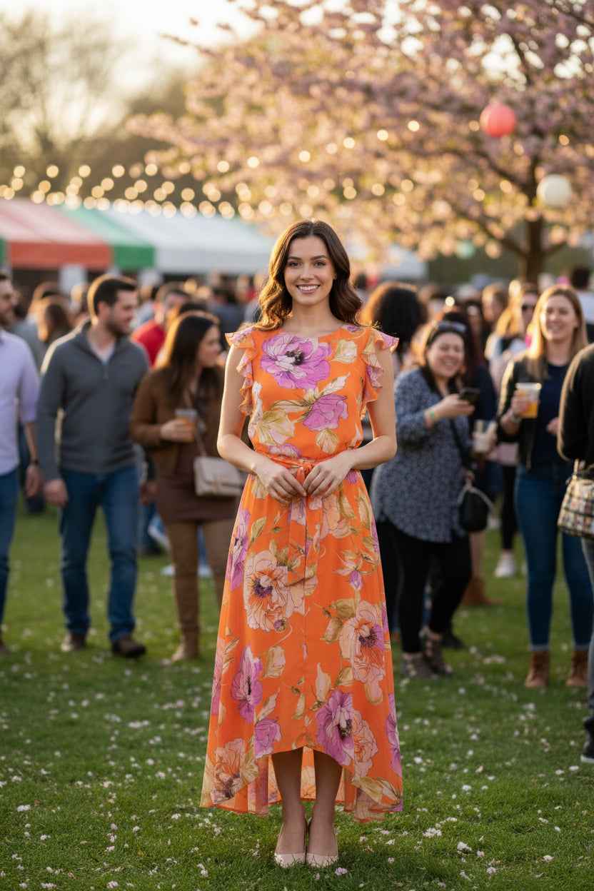 Shelby & Palmer Floral Midi Dress - Tie-waist Ruffled Sleeve