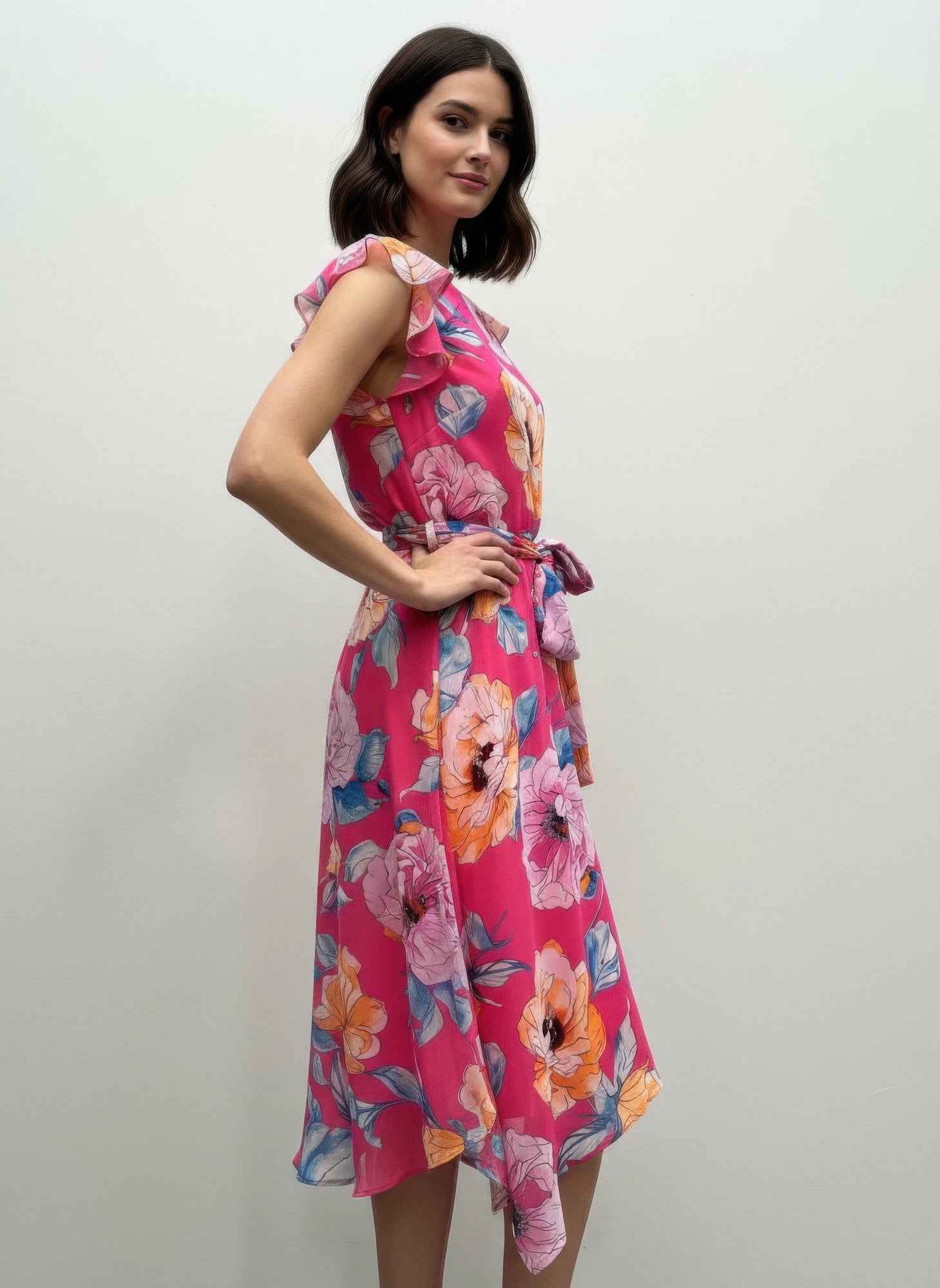 Shelby & Palmer Floral Midi Dress - Tie-waist Ruffled Sleeve