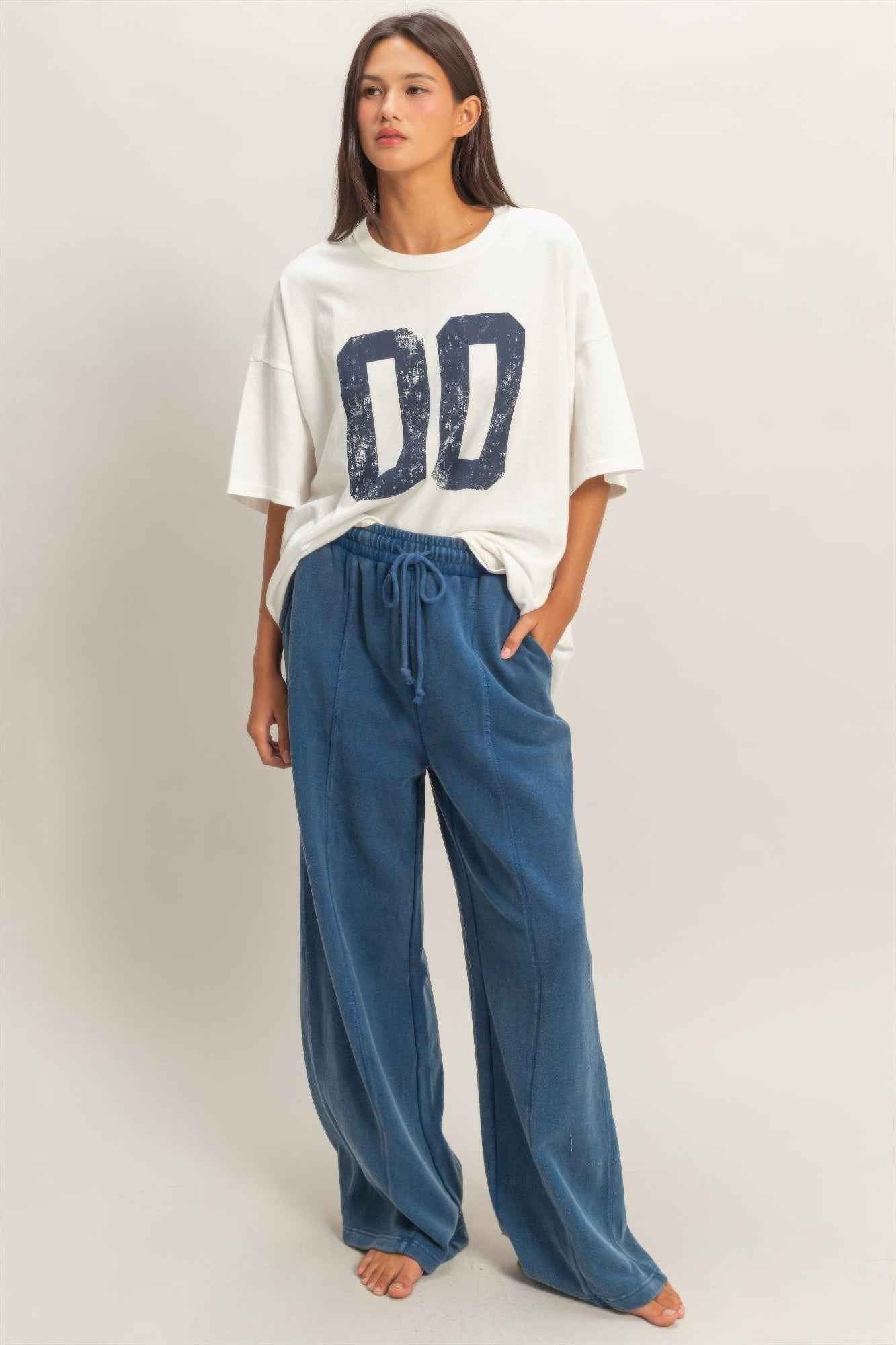 Acid Wash French Terry Wide-leg Pants - Side-seam Pockets