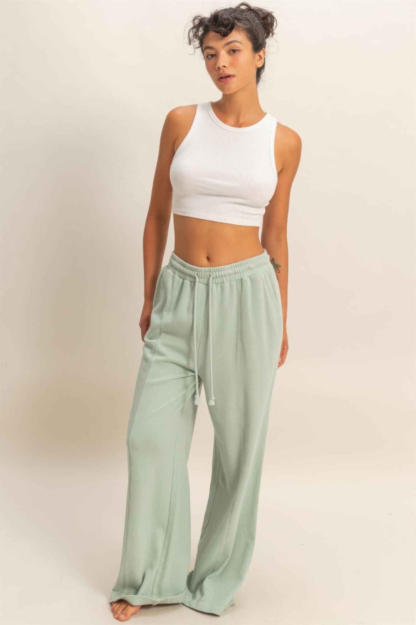 Acid Wash French Terry Wide-leg Pants - Side-seam Pockets