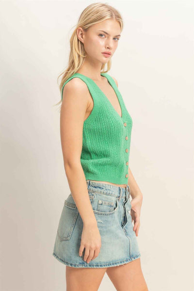 V-neck Knit Tank Top - Ribbed Button-up