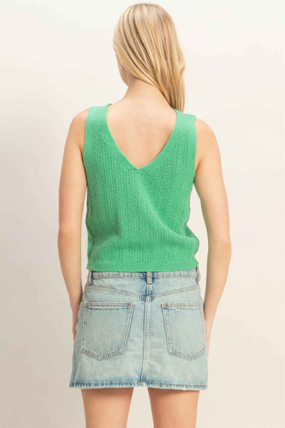 V-neck Knit Tank Top - Ribbed Button-up