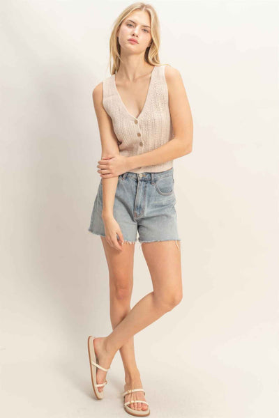 V-neck Knit Tank Top - Ribbed Button-up