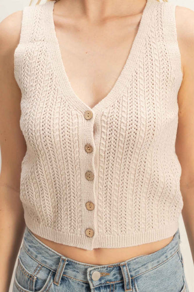 V-neck Knit Tank Top - Ribbed Button-up